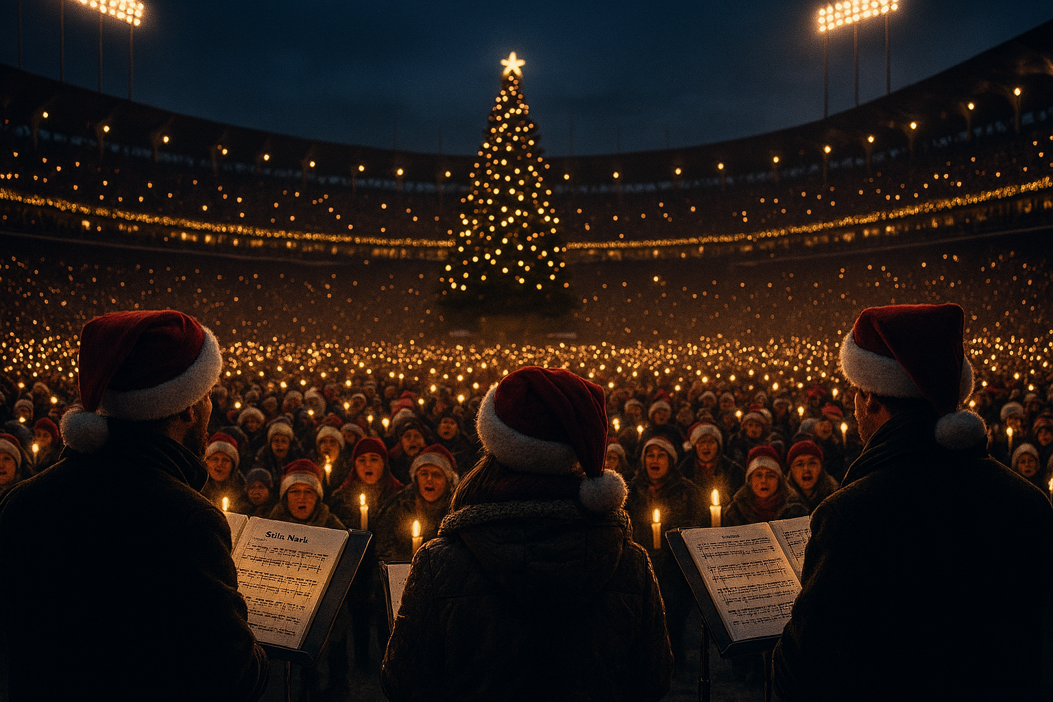 Es zeigt ein festlich geschmücktes Stadion voller Menschen, die gemeinsam Weihnachtslieder singen, mit Kerzen in der Hand und einem großen Weihnachtsbaum auf dem Spielfeld. 