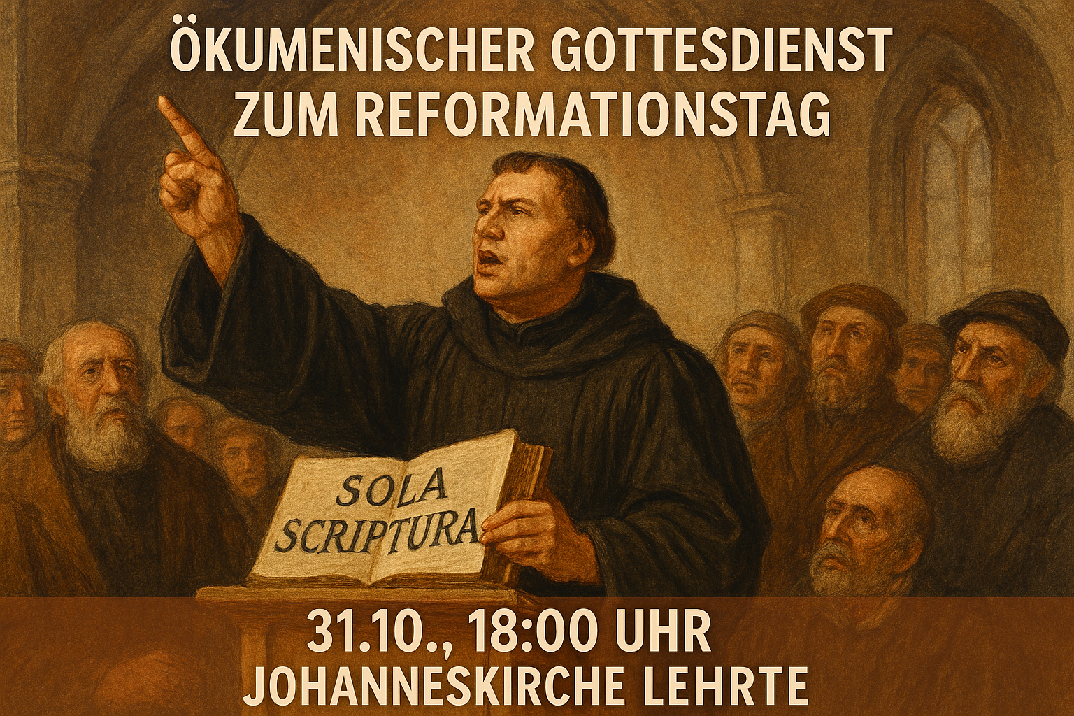 KI-Generiertes Gemälde von Martin Luther beim Predigen, dazu die bekannten Angaben zum Gottesdienst